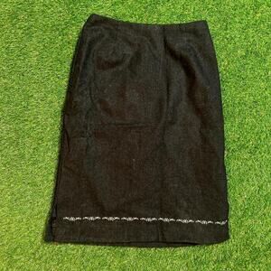 Vintage Black Wool Skirt With Silver Floral Barb Embroidery